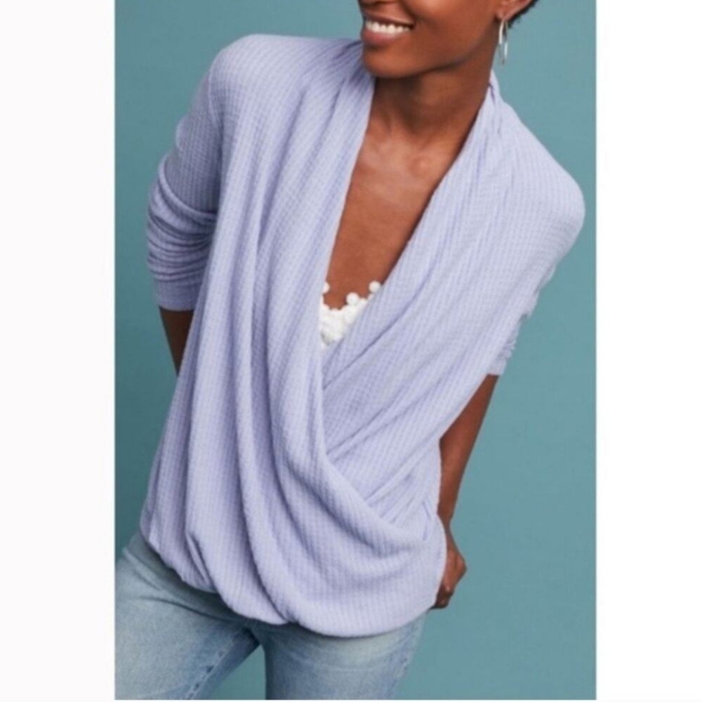 Anthropologie Waffle Knit Top Long Sleeve Women's Size Medium Purple Low Swoop